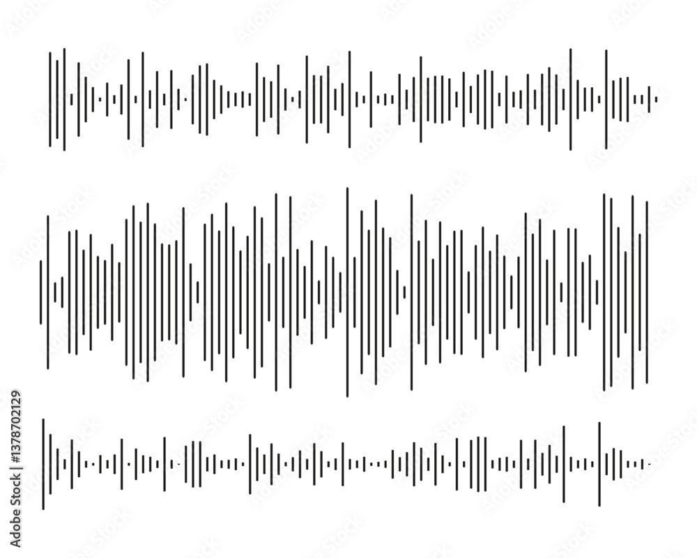 Black sound waves on white background - Music wave frequency or equaliser audio lines and digital voice volume visualisation vector set isolated illustrations Black sound waves on white background - Music wave frequency or equaliser audio lines and digital voice volume visualisation vector set isolated illustrations
