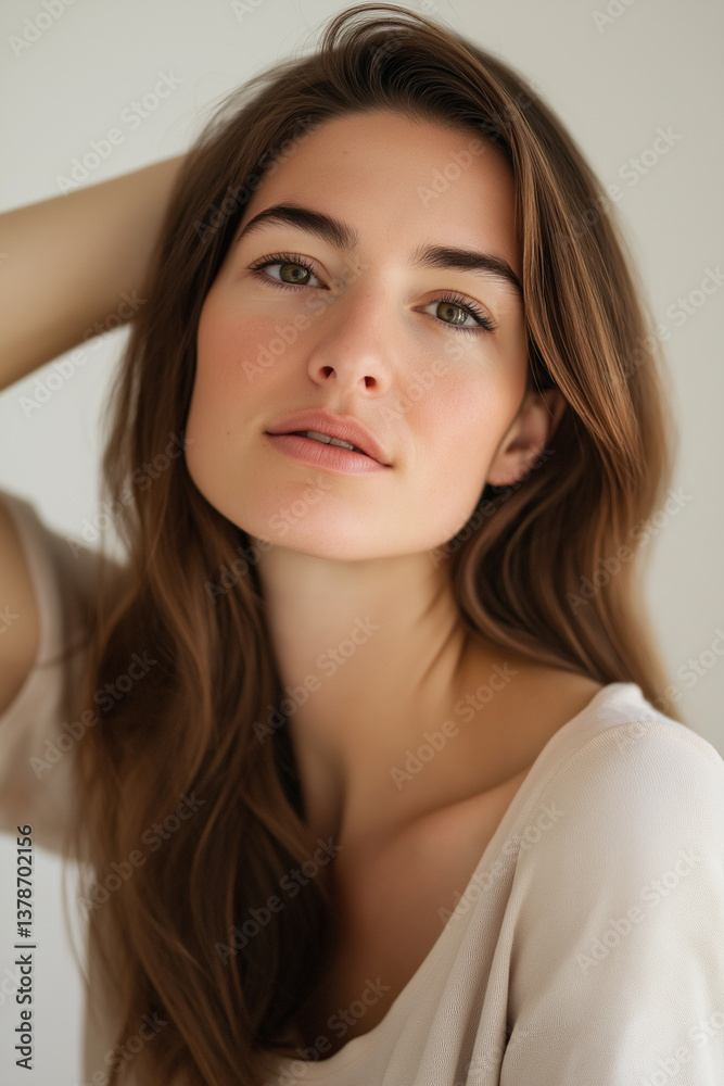 The image is a close-up portrait of a woman with shoulder-length brown hair. The focus is sharply on her face and upper torso. Her expression is calm and contemplative. The lighting is soft and The image is a close-up portrait of a woman with shoulder-length brown hair. The focus is sharply on her face and upper torso. Her expression is calm and contemplative. The lighting is soft and