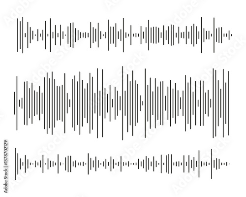 Black sound waves on white background - Music wave frequency or equaliser audio lines and digital voice volume visualisation vector set isolated illustrations 