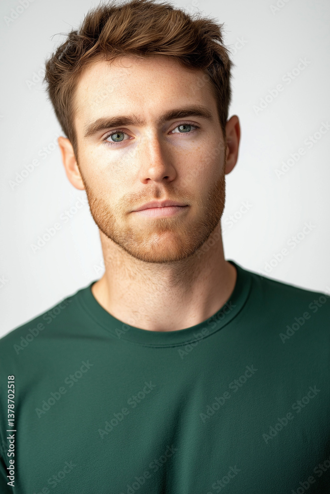 The image is a tight, close-up studio shot of a young Caucasian man's face and upper chest. The man has short reddish-brown hair and a light reddish beard and stubble. His expression is neutral, The image is a tight, close-up studio shot of a young Caucasian man's face and upper chest. The man has short reddish-brown hair and a light reddish beard and stubble. His expression is neutral,