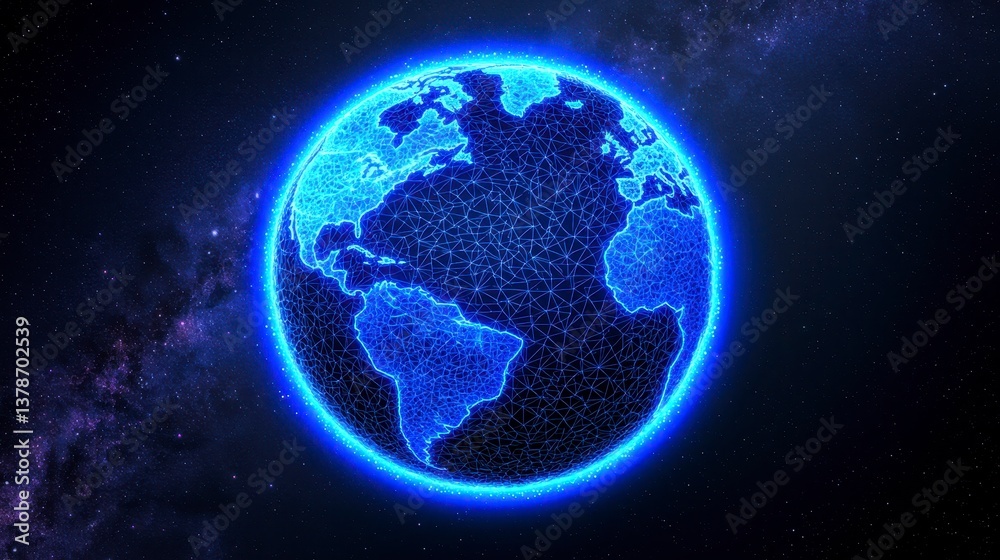 Fototapeta premium Glowing Blue Digital Earth in Dark Space with Stars