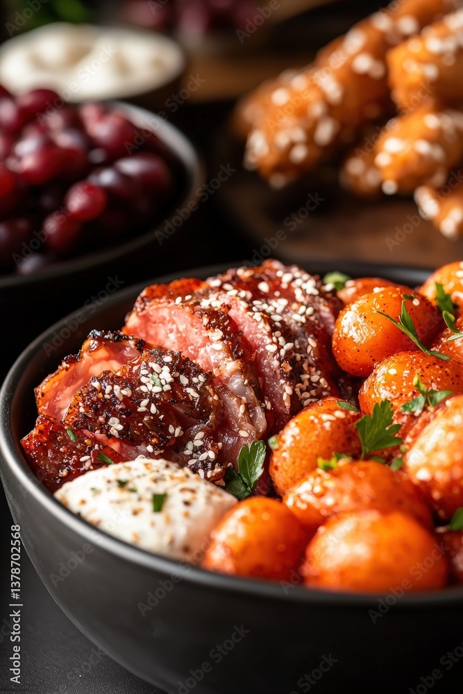 Delicious Sesame Crusted Pork Tenderloin with Roasted Potatoes and Creamy Sauce