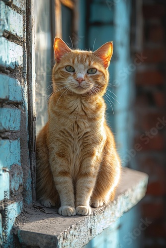 Adorable Ginger Cat Sitting on a Weathered Window Sill Outdoors in the Sunlight