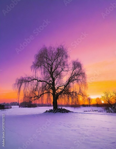 sunset in winter. beautiful sunset over willow in snow