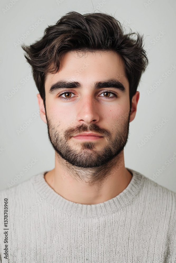 Fototapeta premium Close-up portrait of a young man's face and upper shoulders against a neutral grey backdrop. The image is sharply focused, emphasizing the subject's facial features: dark brown eyes, dark hair styled