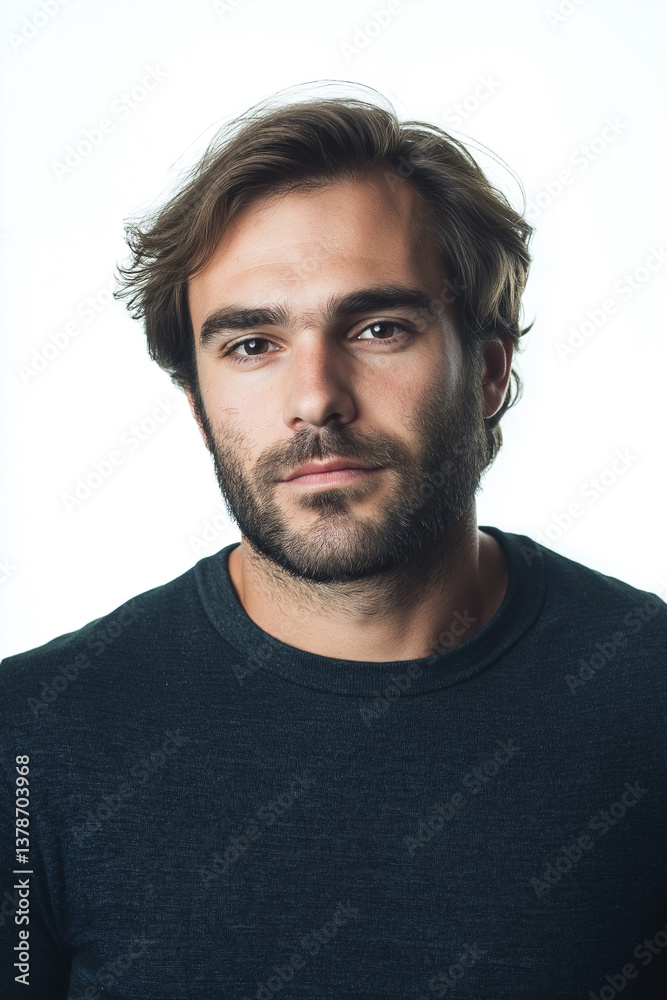 Close-up studio portrait of a man with dark, slightly wavy hair and a well-groomed beard. He is looking directly at the camera with a serious, contemplative expression. The background is pure white, Close-up studio portrait of a man with dark, slightly wavy hair and a well-groomed beard. He is looking directly at the camera with a serious, contemplative expression. The background is pure white,