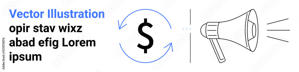 Circular arrow around dollar representing flow and growth, loudspeaker amplifying communication and promotion. Ideal for marketing, advertising, finance, communication, branding, investment, simple Circular arrow around dollar representing flow and growth, loudspeaker amplifying communication and promotion. Ideal for marketing, advertising, finance, communication, branding, investment, simple