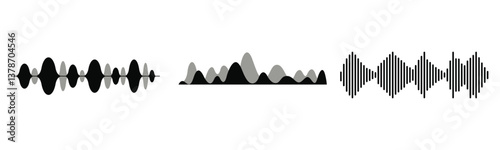 Black sound waves on white background - Music wave frequency or equaliser audio lines and digital voice volume visualisation vector set isolated illustrations 