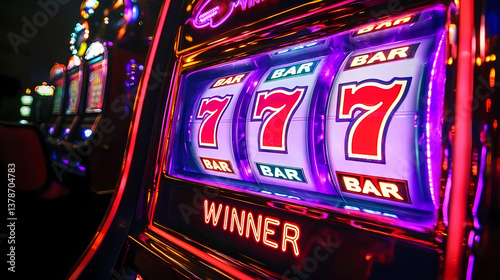 Slot machine showing winner combination of triple sevens in casino gambling game
