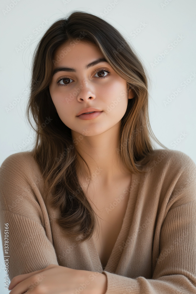 The image is a close-up studio shot of a young woman's face and upper torso. The focus is sharp on her face and neck. Her hair is long and brown, cascading over her shoulders. She is wearing a light The image is a close-up studio shot of a young woman's face and upper torso. The focus is sharp on her face and neck. Her hair is long and brown, cascading over her shoulders. She is wearing a light
