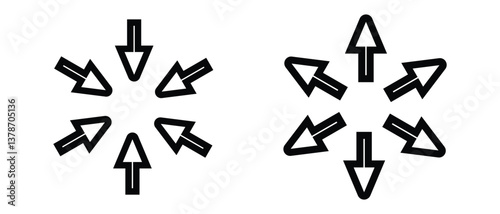 black silhouette inward arrow icon. flat and vintage style inward arrow on white background.