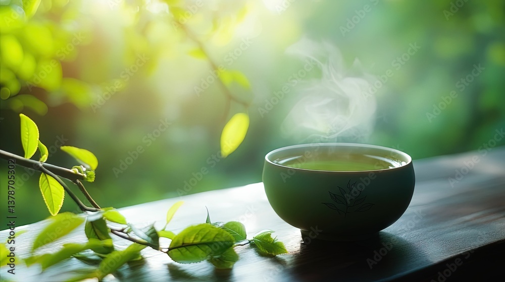 Fresh green tea cup with steam on wooden table in nature morning sunlight Fresh green tea cup with steam on wooden table in nature morning sunlight