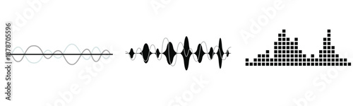 Black sound waves on white background - Music wave frequency or equaliser audio lines and digital voice volume visualisation vector set isolated illustrations 