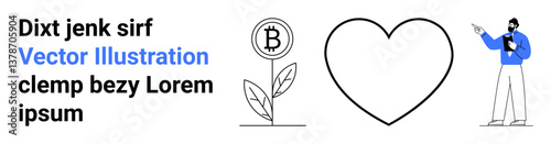 Man presenting concepts of cryptocurrency growth with bitcoin sprout and heart outline symbolizing innovation, finance, care, and sustainability. Ideal for business, banking, sustainability, fintech