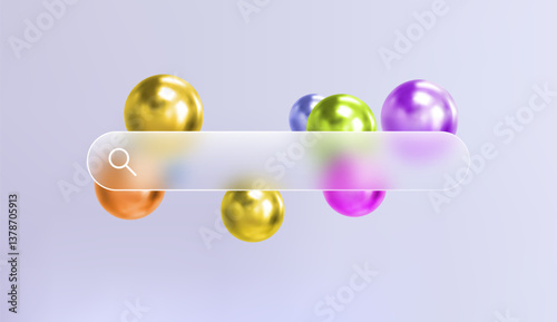 Glass search bar transparent web button. Website ui page frame design. Vector sign element design. Find form empty blur shape. Glossy interface concept. 3d colorful gradient geometric shapes.