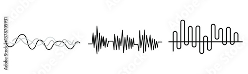 Black sound waves on white background - Music wave frequency or equaliser audio lines and digital voice volume visualisation vector set isolated illustrations 
