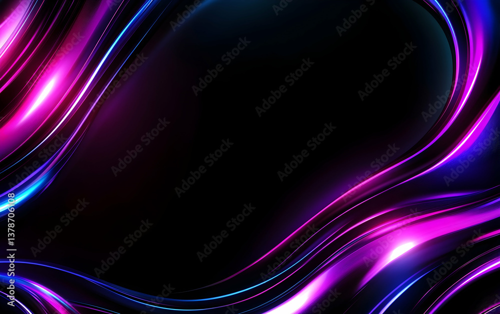 Abstract background with colorful, glowing neon waves and wavy lines on a dark purple, black, and blue gradient color backdrop