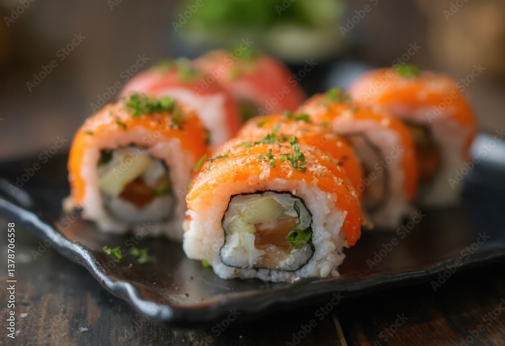 A Platter of Exquisite Sushi Rolls, Perfect for a Formal Gathering or Special Occasion A Platter of Exquisite Sushi Rolls, Perfect for a Formal Gathering or Special Occasion