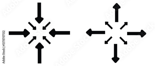 black silhouette inward arrow icon. flat and vintage style inward arrow on white background.