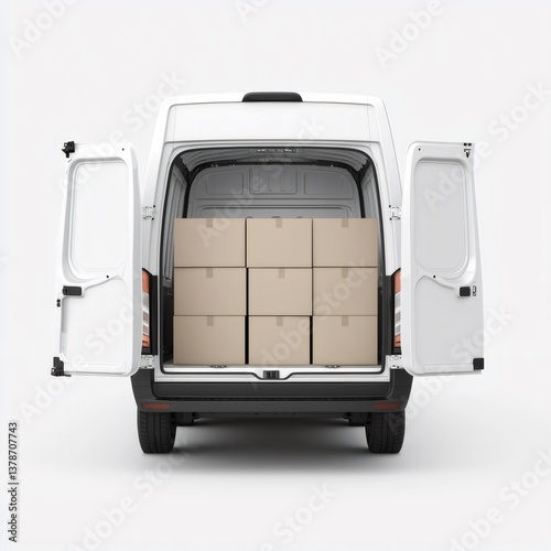 White delivery van full of cardboard boxes ready for shipping
