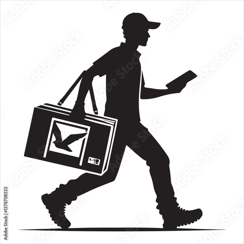 Courier Delivering Carrying Box Silhouette on isolated white background