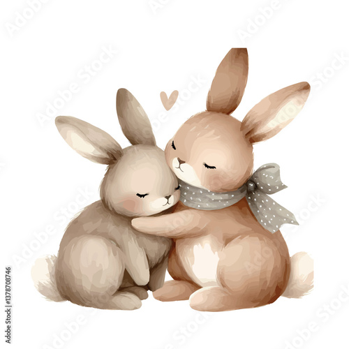 cute bunnies hugging. watercolor vintage bunny illustration