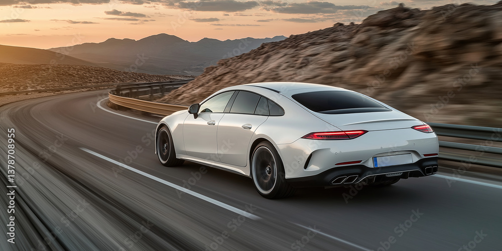 Naklejka premium A sleek white car captured mid-journey, navigating a winding desert road in a breathtaking landscape.