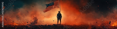 Silhouetted soldier holding an American flag amidst a dramatic fiery backdrop, evoking themes of bravery and patriotism.