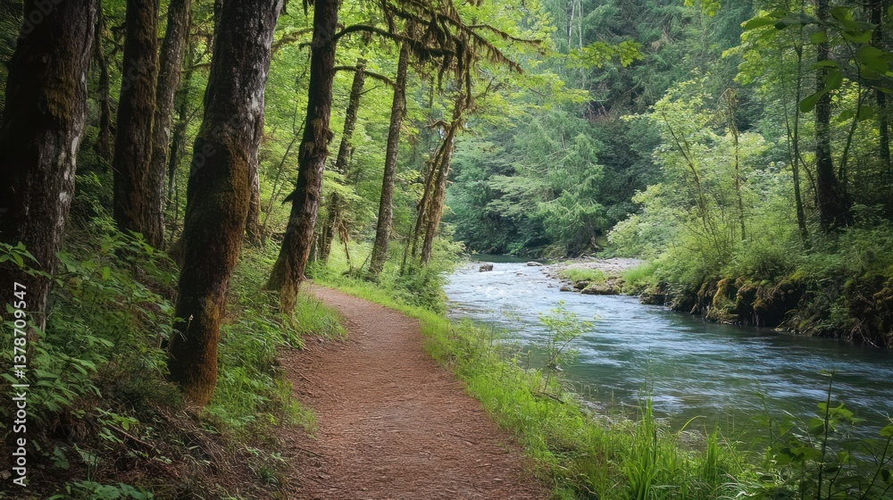 Fototapeta premium Serene riverside pathway through an enchanting lush green forest scenery