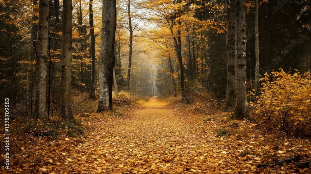 Fototapeta premium Enchanting autumn forest path covered in golden foliage beckons serene exploration