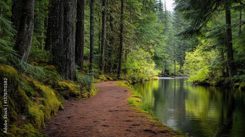 Obraz premium A tranquil path winds through an old growth forest, bordering a calm river's edge