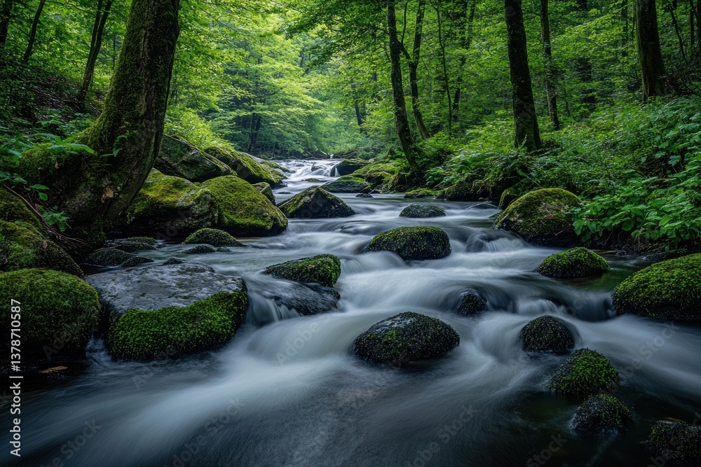 Obraz premium Tranquil flowing river with moss covered rocks in the forest