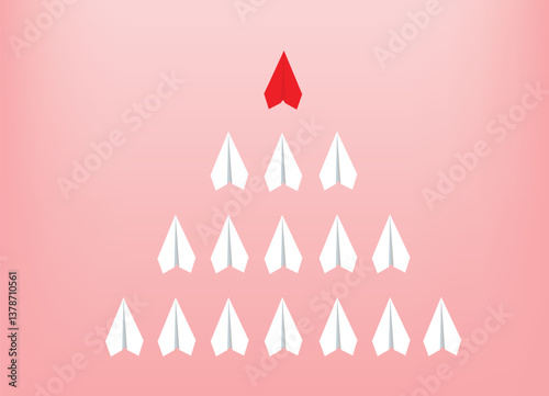 Be a leader. Individuality concept. Red paper plane flies to the side .Vector illustration
