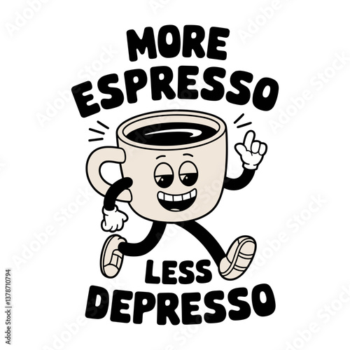 Cartoon coffee cup character with fun More Espresso Less Depresso slogan vector design