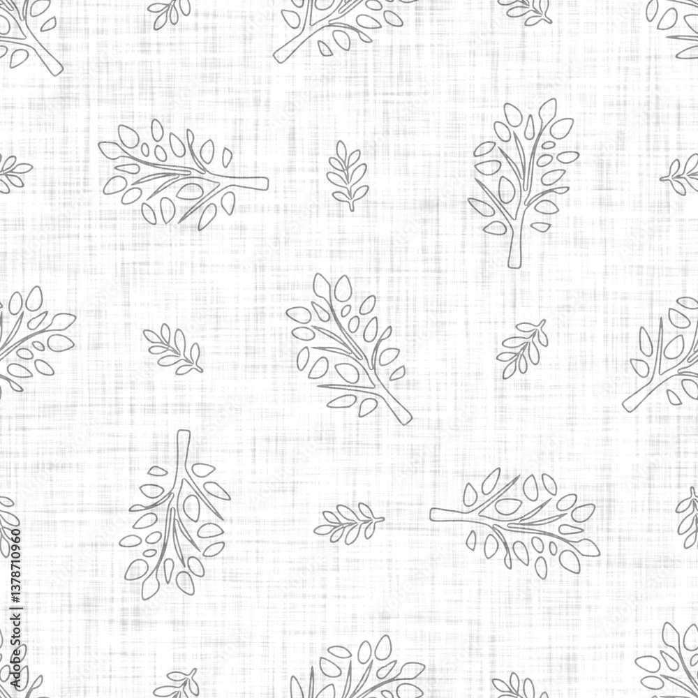 Fototapeta premium White neutral minimal woodland tree motif with Linen effect texture for baby nursery seamless background. Modern muted simple soft motif pattern for wallpaper, home decor white gray design.