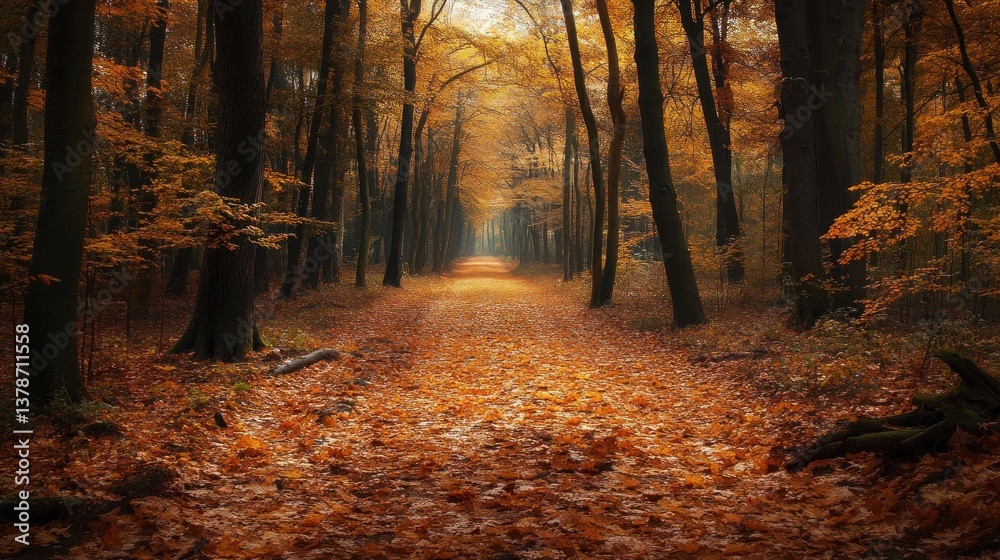 Fototapeta premium Enchanting autumn forest trail bathed in golden light, tranquil woodland scenery