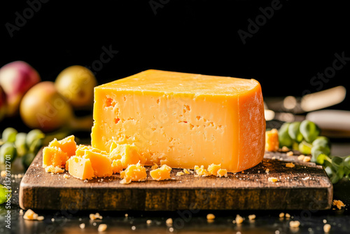 Block of aged cheddar cheese on wooden board with fruits in background