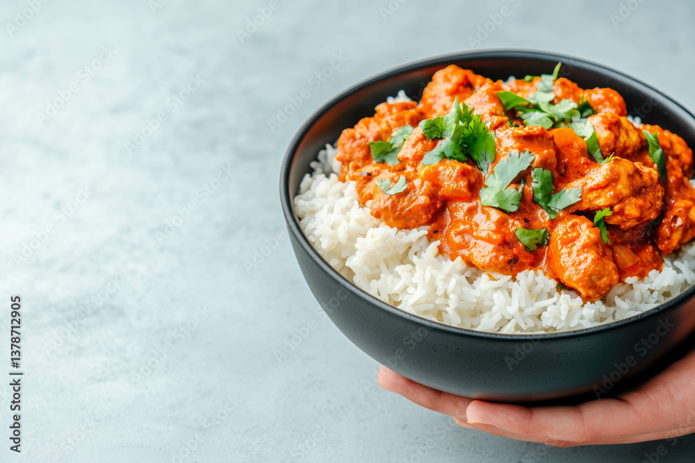 Delicious butter chicken curry on fluffy rice with fresh cilantro garnish Delicious butter chicken curry on fluffy rice with fresh cilantro garnish