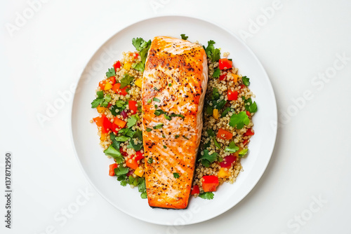 Grilled salmon fillet with quinoa salad and fresh vegetables on white plate