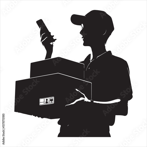 Courier Delivering Carrying Box Silhouette on isolated white background