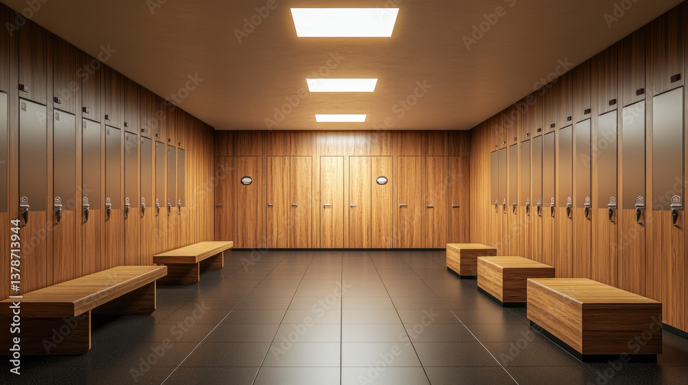 Modern fitness center locker room with clean wooden lockers, benches, and tiled floor, illuminated with ceiling lights, representing organization, hygiene, and comfort for gym users.