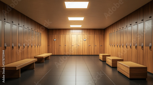 Obraz na płótnie Modern fitness center locker room with clean wooden lockers, benches, and tiled floor, illuminated with ceiling lights, representing organization, hygiene, and comfort for gym users. w salonie