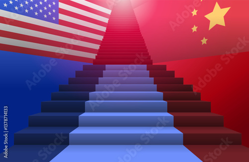 Trade war concept illustration depicts a staircase leading upwards with American and Chinese flags on either side symbolizing economic rivalry and tension
