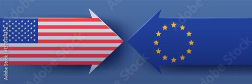 US and EU trade conflict concept with opposing arrows featuring American and European flags on blue gradient background