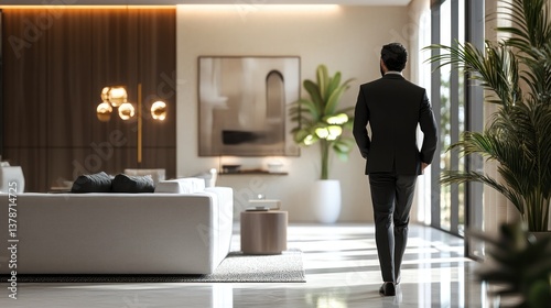 Modern Luxury Living, Man in a Suit Walks Through a Spacious, Elegant Home