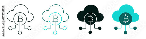 Cloud Bitcoin Network line icon set. Cryptocurrency, Blockchain, Technology, Data or Crypto concept. Coin symbol with circuit for web or app. Digital money outline logo. Editable vector stroke.
