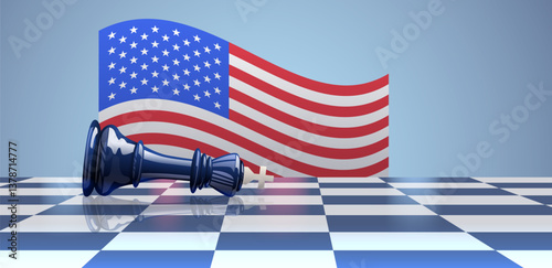 Chess piece on checkered board symbolizes trade war. American flag in background blue tones. Strategic conflict concept. Web design banner