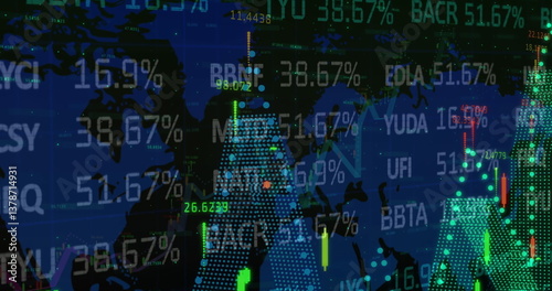 Image of statistics and numbers, financial data processing over world map
