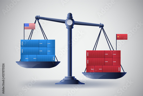 Scales with shipping containers trade balance concept. Blue and red containers represent economic trade between countries with flags