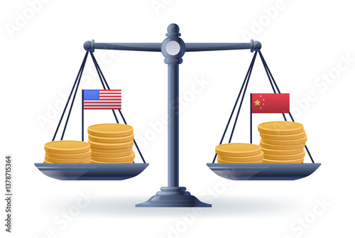 Trade war balance scales economic concept coins on scales with USA and China flags symbolizing tariffs and trade conflict economic illustration